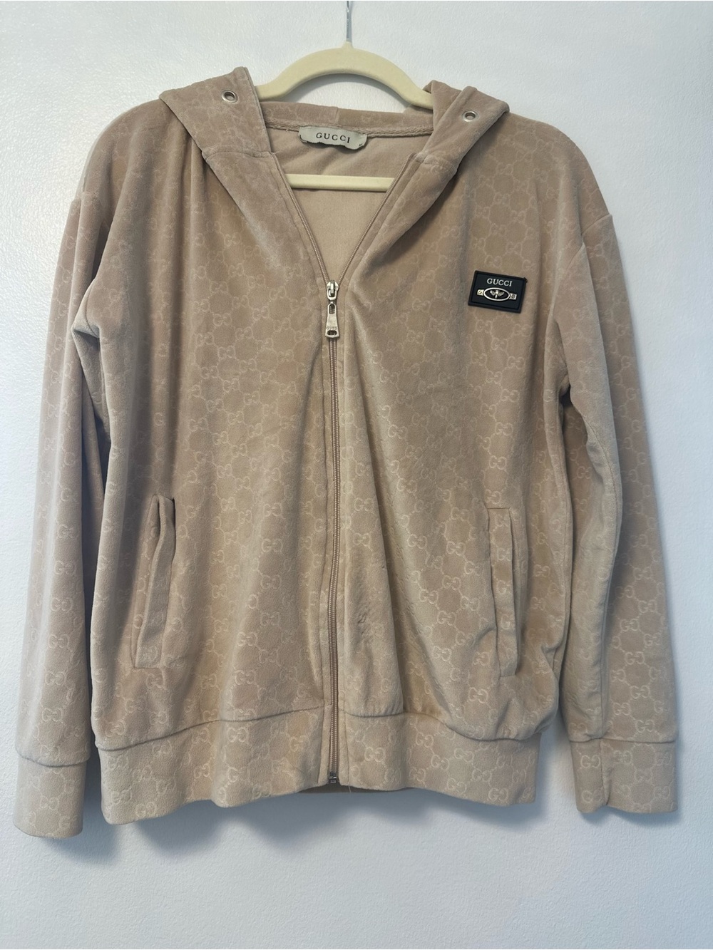 Gucci Beige Monogram Velour Zip Hoodie Jacket